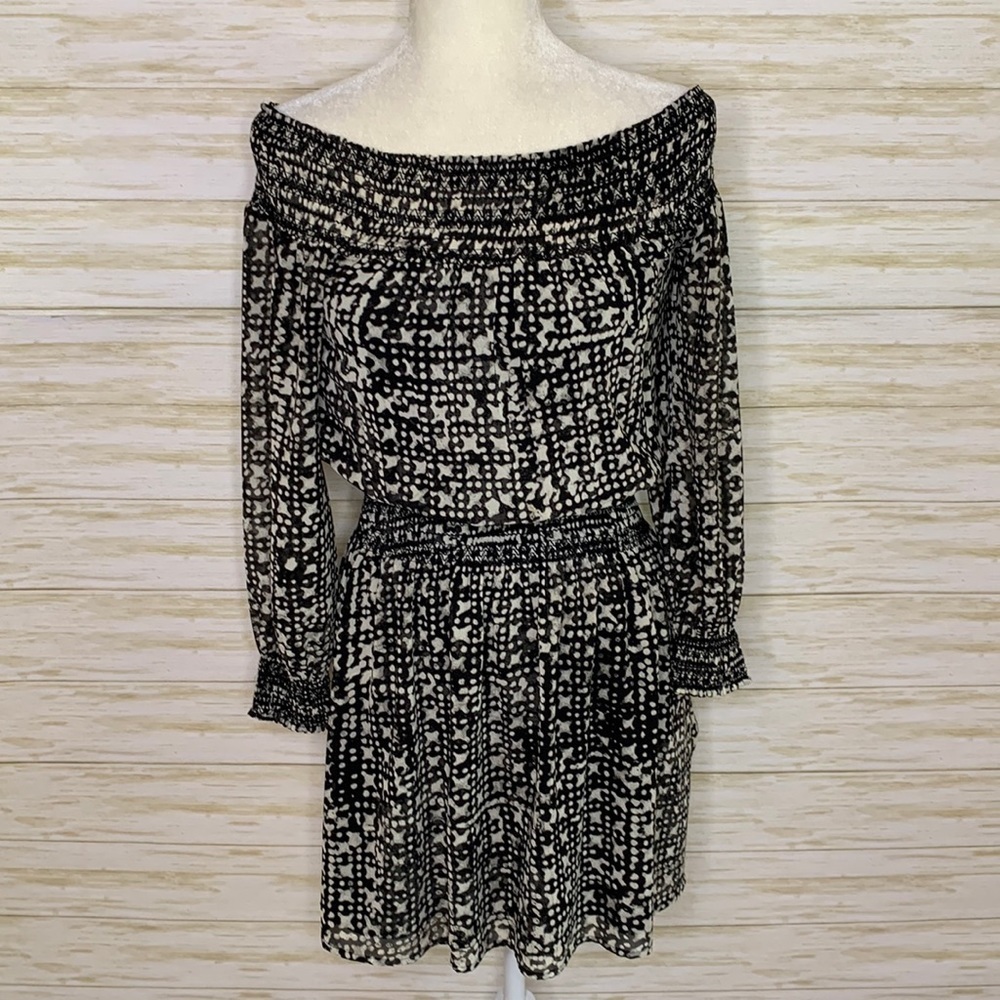 MICHAEL Michael Kors Black and White Printed Off-Shoulder Dress
